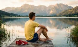 Läufer erholt sich an einem Weiher in der Taperingphase
