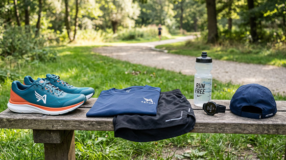 Ausrüstung Laufausrüstung mit Schuhen, Trinkflasche und Laufbekleidung